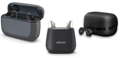 ReSound, Starkey and Oticon rechargeable hearing aids pictured with their chargers