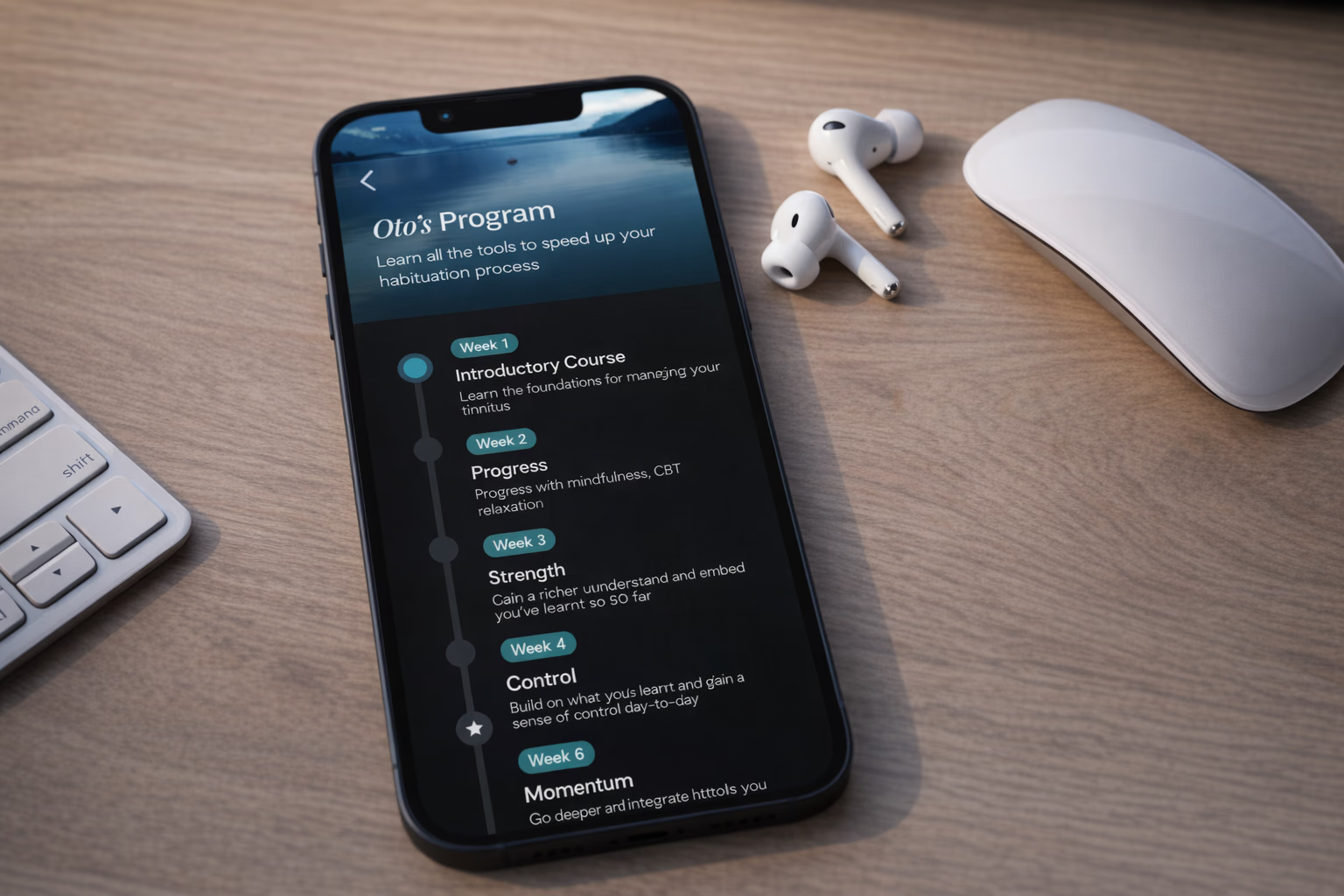 Oto’s eight-week tinnitus program shown on a smartphone